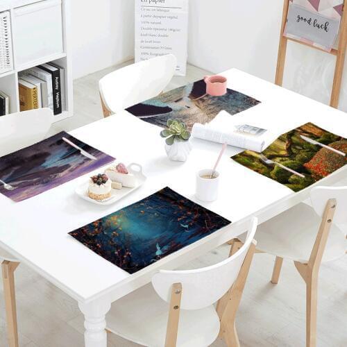 Popular Red Maple Table Napkins Landscape Forest Castle Dinner Tablecloth Restaurant Decor Flower Table Flag Skirts Mat Placemat