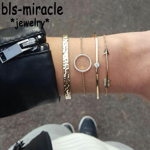 YC-UPGO Romantic Round Clip Arrow Bangles Set For Women Crystal Gold Color Cute Charm Multilayer Bacelets Jewelry Girl Gifts