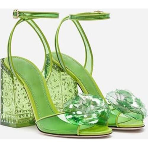 Women Summer Clear PVC Flower Sandals Floral Carved Transparent Heels Ankle Strap Open Toe Gladiator Crystal Buckle High Heels