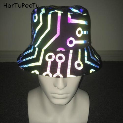 Reflective Light Bucket Hat Women Colourful Caps Unisex Hip Hop Club 2020 Summer Circuit Lines Geometric Print Sun-proof Outdoor