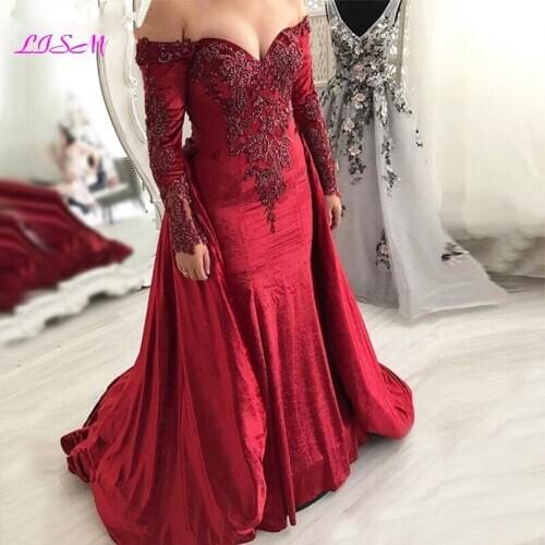 Off the Shoulder Evening Dress Red Elegant Long Sleeves Formal Party Dress Vestido Longo Festa Appliques Beaded Prom Gowns