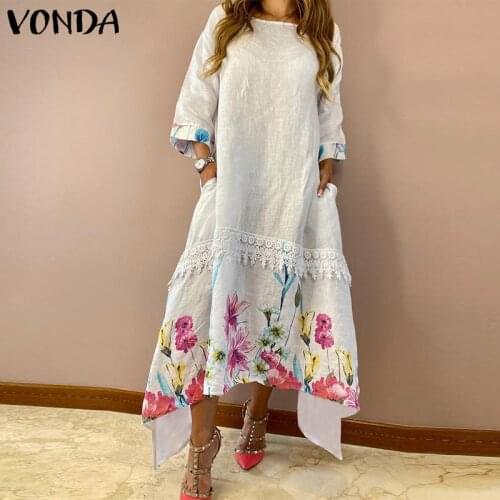 Spring Maxi Long Dress VONDA 2021 Autumn 3/4 Sleeve Lace Irregular Patchwork Dresses Vintage Floral Printed Vestidos Oversize