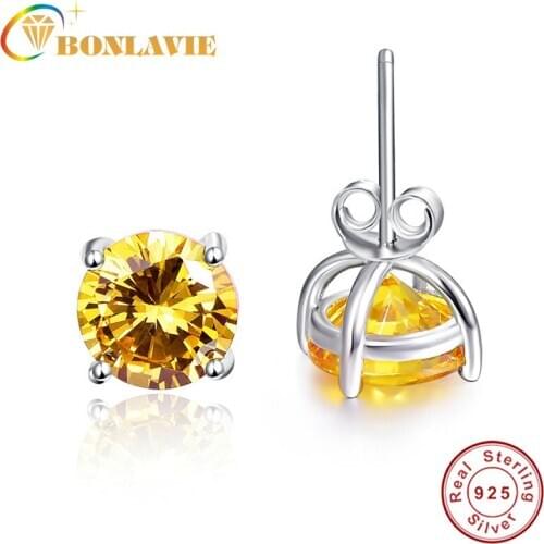 100% 925 Sterling Silver Stud Earrings Women Natural Stone Earrings Classic Style Round Amethyst Citrine Topaz Fine Jewelry
