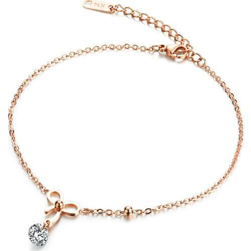 Stainless Steel Bowknot Woman Anklets Inlaied Cubic Zirconia Extended Link Chain Rose Gold color Cute Jewelry Gift For Girls