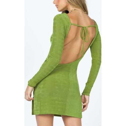 2021 Women Long Sleeve Beach Sundress Solid Color Lace-up Autumn Long Sleeve Backless Split Casual Dress Streetwear