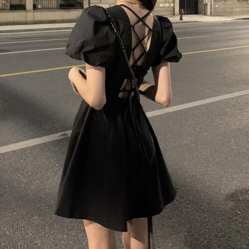 Korean Boho Style Dress Women Black Backless Sexy Sweet Cute Puff Sleeve Dresses Summer 2021 Party Elegant Mini Dress Goth Dress