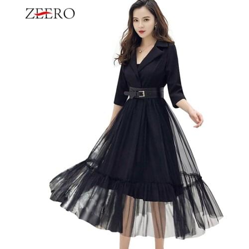 2019 Autumn Korean Women Casual Sashes Pleated Party Dresses Office Lady Long Sleeve Notched Collar Patchwork Mesh Blazer Dress