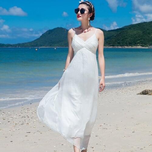 High Quality 100% Silk Summer Dress 2021 White Long Dresses for Women Sexy Beach Dress Female Elegant Backless Vestidos Pph4993