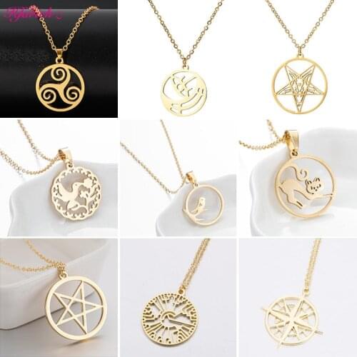 Vintage Womens Necklaces Round Gold Long Chain Necklaces Bohemia Teen Wolf Star Cross Sea Wave Tree Pendant Necklace Jewelry