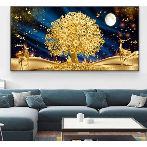 Gold Money Tree Painting on Canvas Abstract Modern Posters and Pritns Wall Art Elk Picture for Living Room Home Decoration
