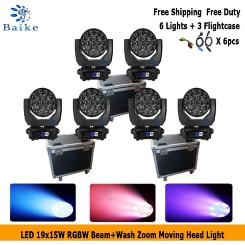 No duty 6pcs Flight Case With 19x15W Led Moving Head Zoom RGBW 4in1 Bee Eye Lyre Beam Lighting Wash DMX Stage DJ Disco Nightclub
