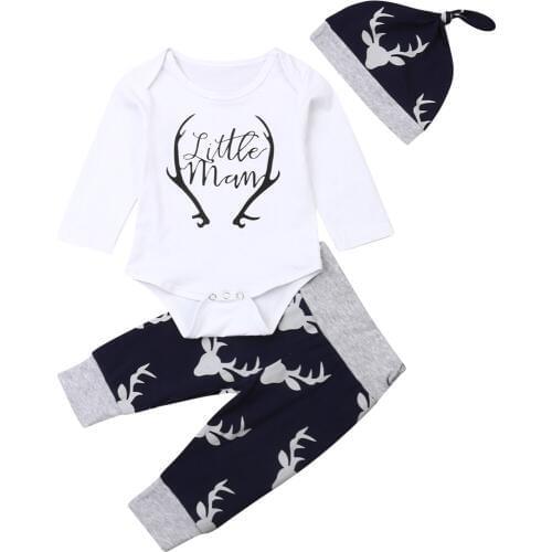 0-18M Newborn Baby Boy Clothes Sets Long Sleeve Little Man Romper Deer Leggings Hat Clothes Set