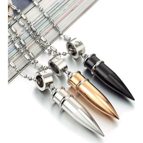 Fashion Crystal Stainless Steel Silver Color/Black/Rose Gold Bullet Design Men Women Pendant Necklace Free Chain As Picture 24"