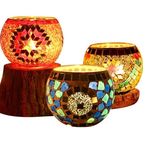 Mosaic Glass Candlestick Home Candlelight Dinner Round Candle Holders Ornament Romantic Wedding Decoration Valentines Day Gift