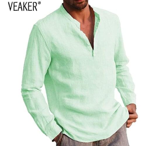 2021 Autumn New Mens Long Sleeve Linen V-neck Shirts Male Casual Solid Color Cotton Linen Shirt Tops S-2XL