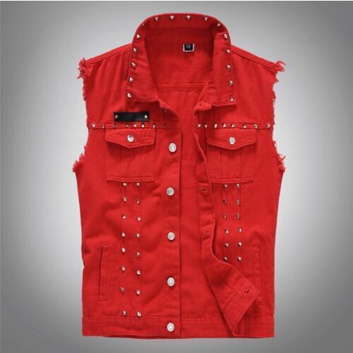 Mens Korean Slim British style red Denim Vest Rivet waistcoat Lapel Single-Breasted Casual Fashion Male Sleeveless jacket