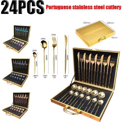 24pcs Gold Dinnerware Set Stainless Steel Tableware Knife Fork Spoon Luxury Cutlery Gift Box Flatware Dishwasher Safe High-end