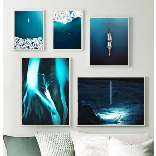 Blue Sea Glacier Whale Boat Aurora Wall Art Canvas Painting Nordic Posters And Prints Wall Pictures For Living Room Home Decor