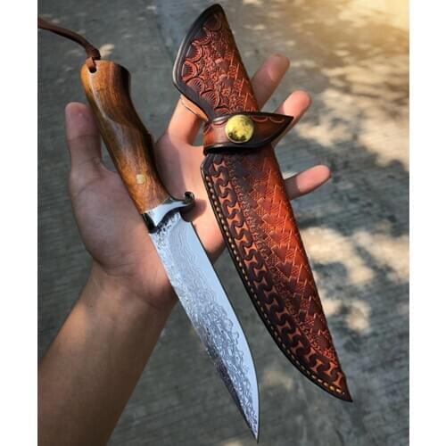 Damascus Steel Fixed Blade Knife Desert Ironwood Handle Outdoor Camping Survival Tools 60HRC Hunting Knives collection