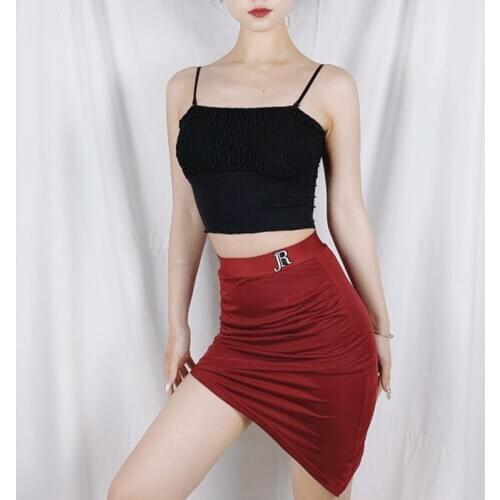 Latin Dance Clothes Adult Irregular Skirts Oblique Modern Samba Rumba Dance Practice Wear Ladies Dance Dress Wine Red DNV14444
