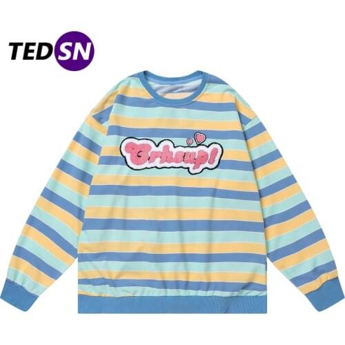 2021SS Loose Spring Cotton Pullover Men Hip Hop Vintage Contrast Stripes Towel Embroidery Sweatshirt Cotton Harajuku Sweatshirt