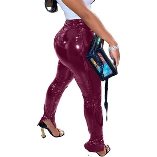 Wet Look Thin Fleece Flined Zipper Split Sexy PU Faux Leather Pants Women Skinny Pants Trousers Leggings Party Club Streetwear