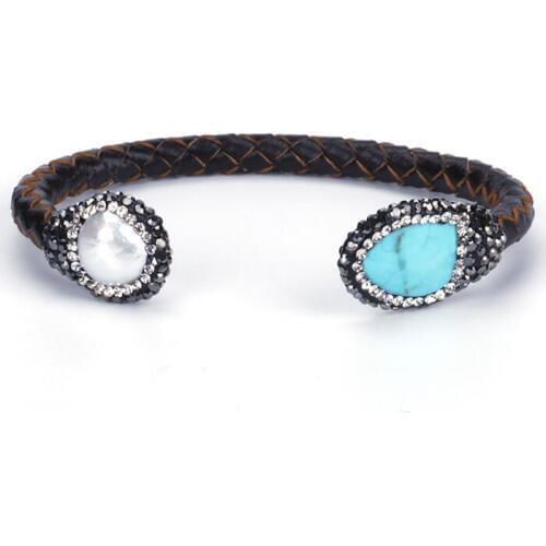 Rough Freshwater Pearl Turquoises Stone Bead Charm Dark Brown Real Leather Wrap Adjustable Open Bracelet Cuff Bangle for Women