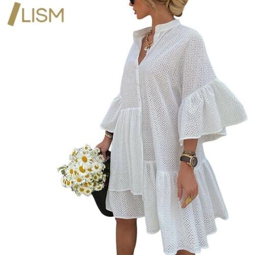 LISM Sexy Ruffle V Neck Dresses Flare Sleeve Mesh See Through Shirt Dress Summer Women Three Quarter Sleeve Solid Mini Dress