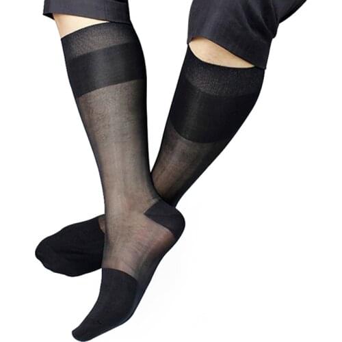 High Quality Men TNT Nylon Silk Socks Sheer Formal Dress Suit Solid Hose Sexy Transparent Stripe Business TNT Socks Black