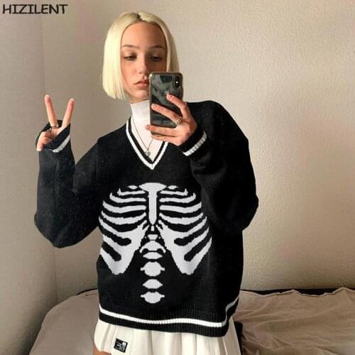 Y2K Grunge clothes Sweaters Women Streetwear Knitted Pullover Skeleton Jacquard Fashion HipHop Harajuku Oversized Outwear Jumper