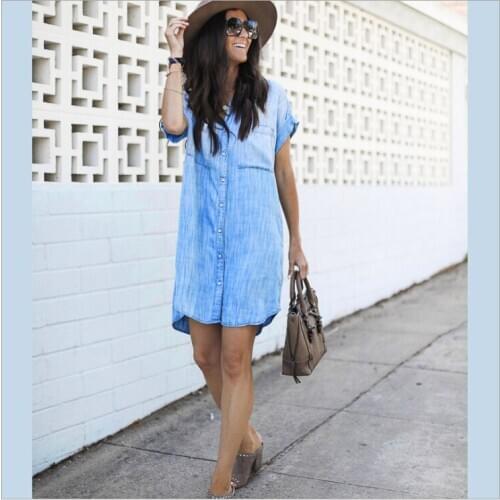 Good Quality Casual Vintage Long Blouse Dress Short Sleeve Light Color Multi Colors Denim Women Shirts Spring Style Women Dress