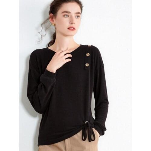 Womens T-shirt long-sleeved irregular loose knotted long-sleeved top