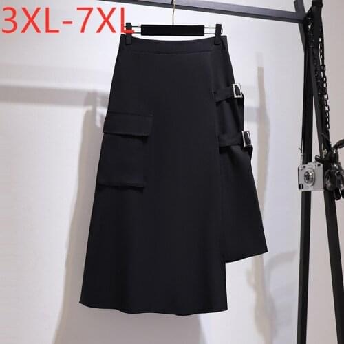 New 2021 Ladies Summer Plus Size Midi Skirt For Women Large Loose Casual A-line Pocket Bandage Black Skirts 3XL 4XL 5XL 6XL 7XL