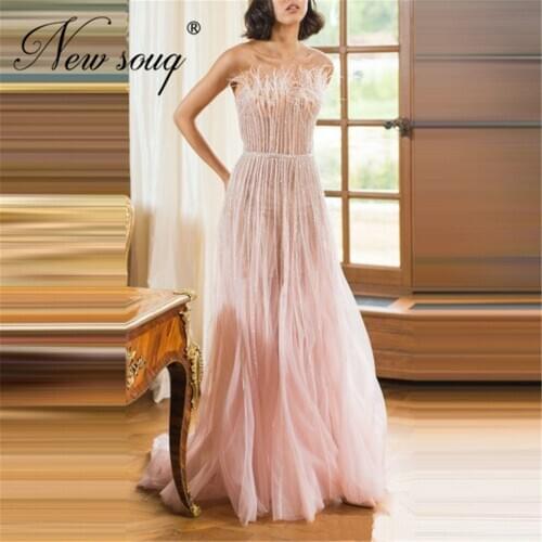 Princess Pink Beaded Evening Dresses Turkish Kaftans New Chic Feathers Arabic Party Gowns Women Celebrity Dubai Prom Dress 2020