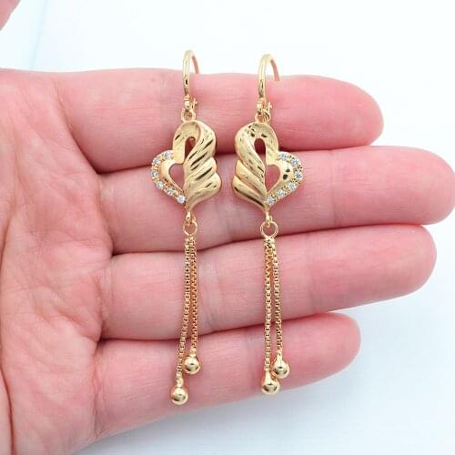 Gold Color Women Fashion Clear CZ Laser Stamped Love Hearts Tassel Drop Earrings Jewelry