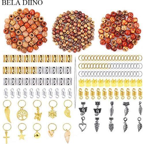 1 Set 400pcs Silver Gold Metal Wooden Hair Braids Beads Tube Ring Jewelry Hair Dreadlock Bead Cuff Clip Braiding Accessories