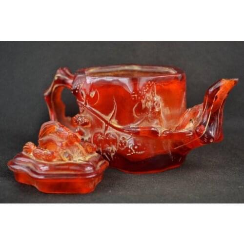 7.15" China Collectibles Old Decorated Handwork Amber Carving Insects Teapot