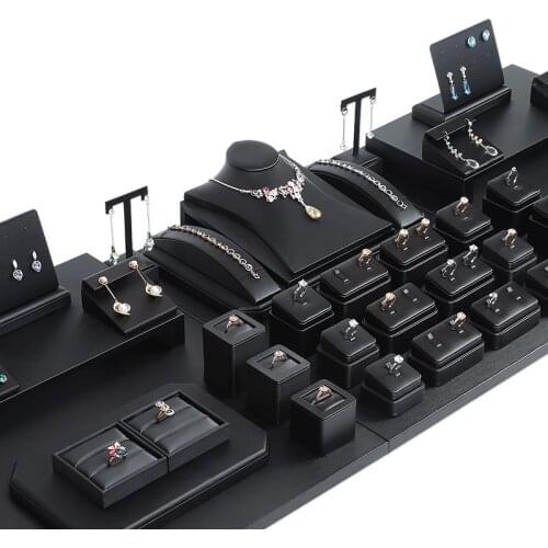 Black Brushed PU Leather Jewelry Display Stand Ring Pendant Necklace Jewelry Set Display Prop