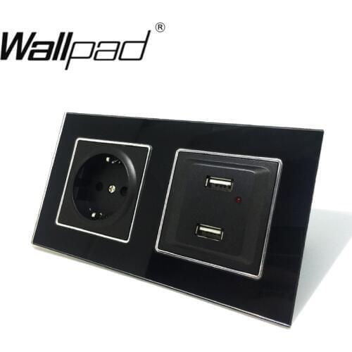 EU Schuko Socket with USB Charging Outlet with Clips Wallpad Black Glass Panel LED Indicator USB Ports + 16A EU Socket with Claw