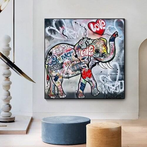 Graffiti Love Elephant Canvas Poster Prints Wall Art Picture Graffiti Cute Animal Painting Cuadros Living Room Home Decoration