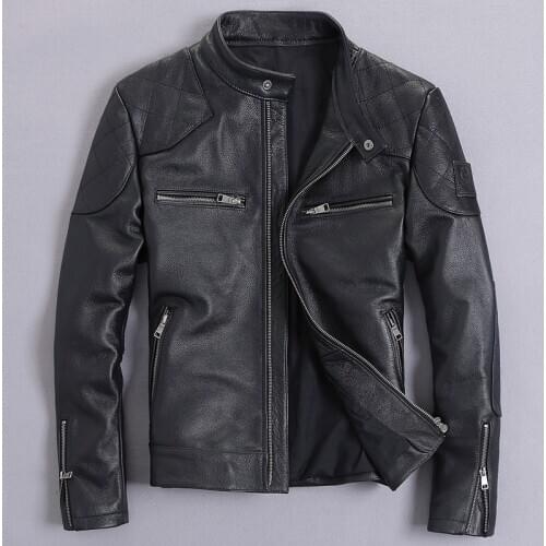 Classical Stand Collar Motorcycle Jackets Genuine Leather Mens Jacket 100% Cowhide Moto Biker Short Style Casual Leather Coat