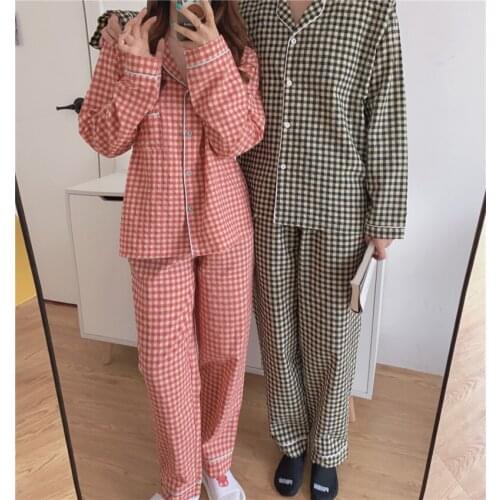 Plaid couple sleepwear autumn spring women pajama set women men plaid homewear 2 piece set turn down collar pyjamas pants L570