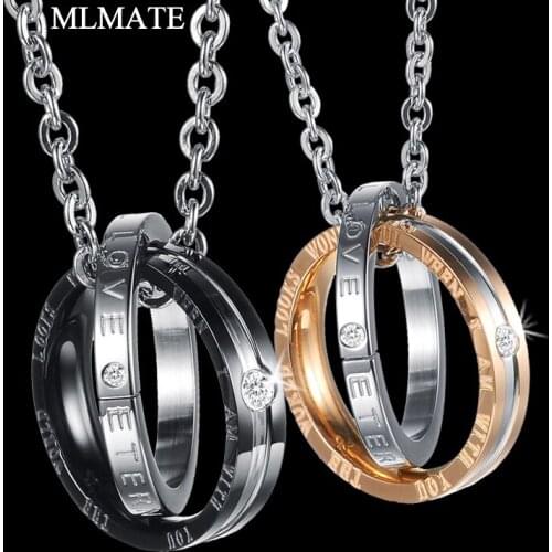 His & Hers Matching Titanium Stainless Steel Couples Paired Crystal Pendant Necklace Set Lovers Valentines Gift for Men Women