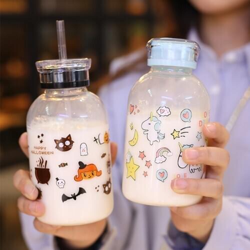Koreal Style Cute Cartoon Water Bottle Unicorn Beautiful Girl Kawaii Milk Bottle 450ml/700ml Glass Water Bottles with Straw