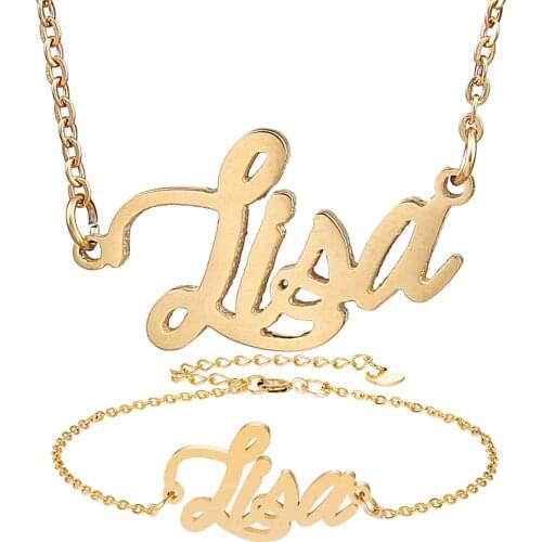 Fashion Stainless Steel Name Necklace + Bracelet Set " Lisa " Script Letter Gold Choker Chain Necklace Pendant Nameplate Gift