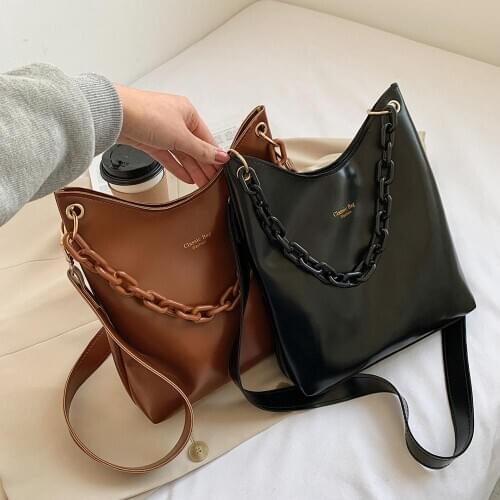 New Fashion Vintage PU Leather Women Chain Shoulder Bags Casual Solid Color Ladies Large Capcity Crossbody Handbags