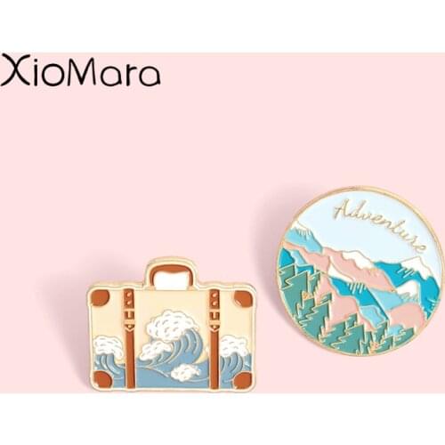 Cartoon Paint Ocean Wave Suitcase Soft Enamel Pins Fashion Lapel Badges Wholesale Pins Brooches Jewelry Gifts for friends