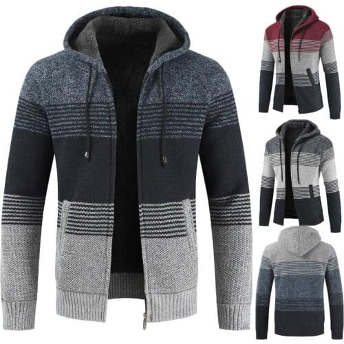 Mens Sweater Coat 2021 Spring Autumn Mens Hooded Stripe Coat Thick Zipper Wool Sweater Cardigan Jumpers Male