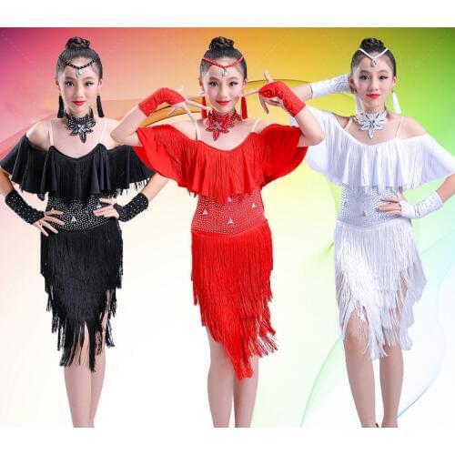 Children tassel bright drill Black Red white Latin Salsa Dress Child Girls Kids Latin Dance Dresses Girls Latin Dance Costumes