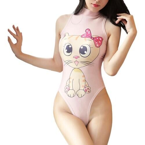 Sexy Kawaii Women Underwear Erotic Lingerie Cartoon Cat Print One-piece Swimsuit Japanese Sukumizu Cute Bodysuit
